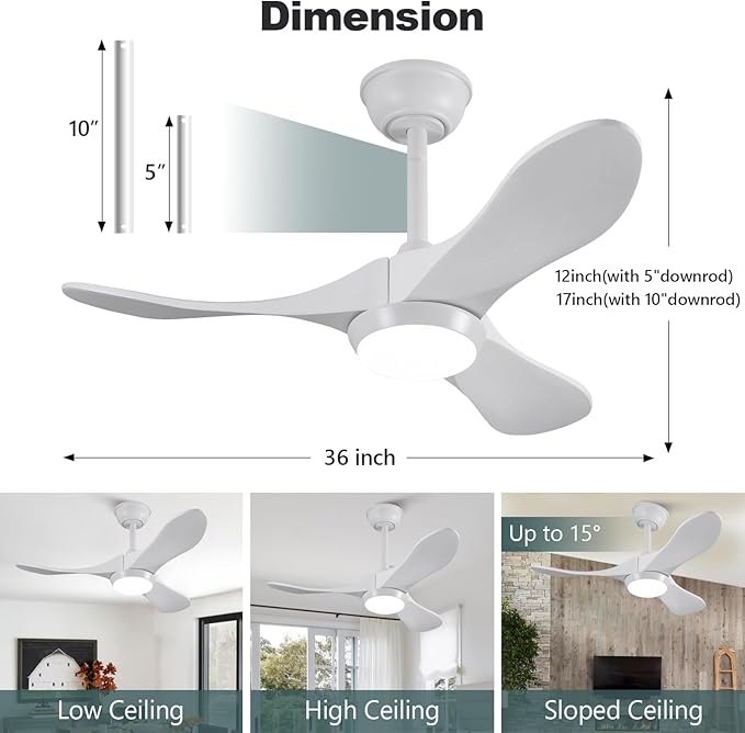 36 Inch Solid Wood Ceiling Fans with Lights and Remote Control,6 Speeds,3 Color LED Light,Reversible DC Motor,Indoor Outdoor Modern White Ceiling Fan with Light for Bedroom,Farmhouse,Patios