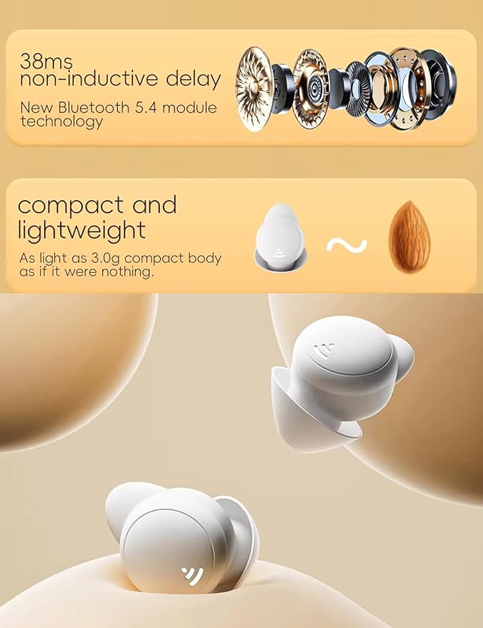 Sleep Headphones for Side Sleepers, Wireless Bluetooth 5.3 Earbuds with 28H Case, HiFi Stereo, Noise Cancelling Sleeping Headphones, Soft Comfortable Invisible for Sleeping
