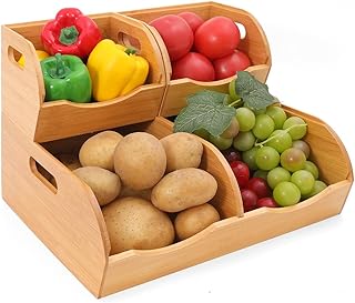 Stackable Bamboo Pantry Organizer - 3-Piece Storage Basket Set for Potato, Onion & Kitchen Cabinet, Tool-Free Assembly, Multi-Size Bins