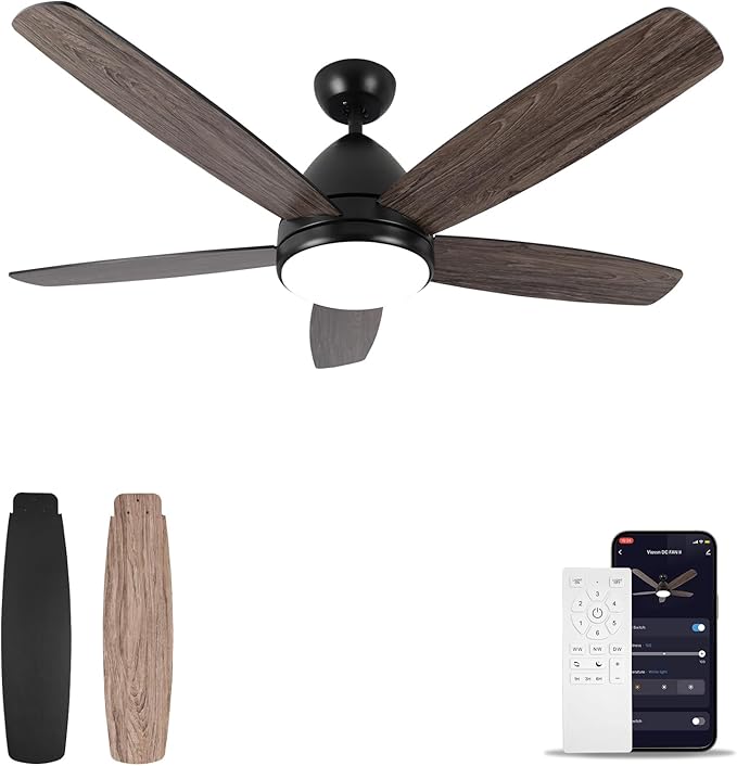 Smart Ceiling Fan with Light, 52 Inch Modern Black Outdoor Ceiling Fan and Remote/App, Dimmable Tri-Color LED and Reversible Motor for Indoor Bedroom/Outdoor Covered Patio