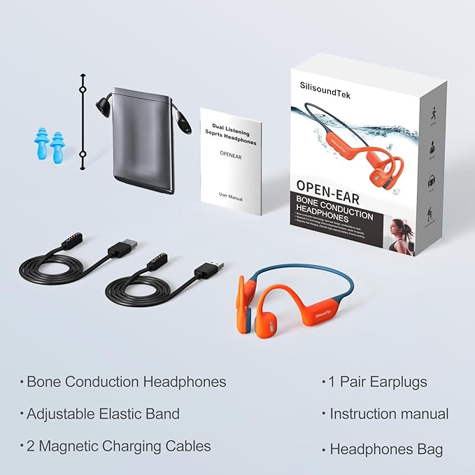 6.0 Bluetooth Swimming Headphones, IP68 Waterproof Bone Conduction Headphones, Liquid Silicone Wireless Open Ear Headphones, Built-in 32GB MP3 Player Underwater Headphone for Running(Orange-gray)