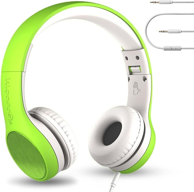 LilGadgets Connect+ Style On-Ear Kids Headphones with Microphone - SharePort Technology, SoftTouch Padding, Detachable Cable, Volume Limiting, Durable & Adjustable - Green