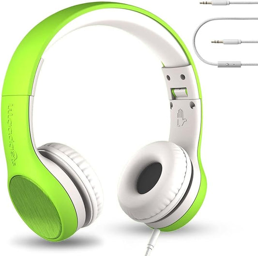 LilGadgets Connect+ Style On-Ear Kids Headphones with Microphone - SharePort Technology, SoftTouch Padding, Detachable Cable, Volume Limiting, Durable & Adjustable - Green