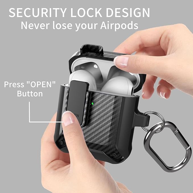for Airpods 2nd 1st Generation Case Men Lock with Cleaner Kit, Rugged AirPod 2/1 Gen Protective Hard Cover Shockproof Skin Boys Women with Keychain for Apple iPods 2nd/1st Cases, Black