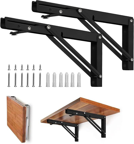 Storystore Folding Shelf Brackets - 16 Inch Heavy Duty Metal Collapsible Shelf Bracket for Bench Table, Shelf Hinge Wall Mounted Space Saving DIY Bracket, Max Load: 150 lb 2 PCS (Black)