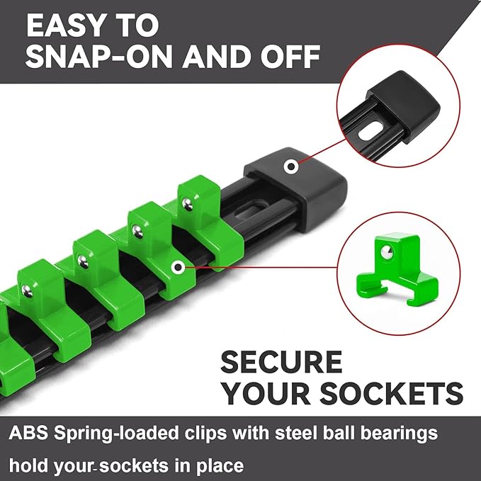 ALOANES 6PC ABS Socket Organizer, Socket Rails Fit 3/8 inch Drive, Heavy Duty Socket Holders Hold up to 90 Sockets, Black Rails with Green Clips