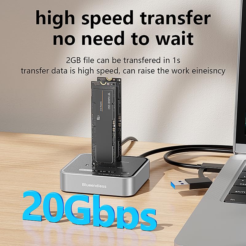 M.2 Duplicator Dual Bay NVMe SSD Cloner with USB-C, 20Gbps USB 3.2 Gen 2X2 Tool-Free M Key PCIE NVMe SSD Reader Docking Station