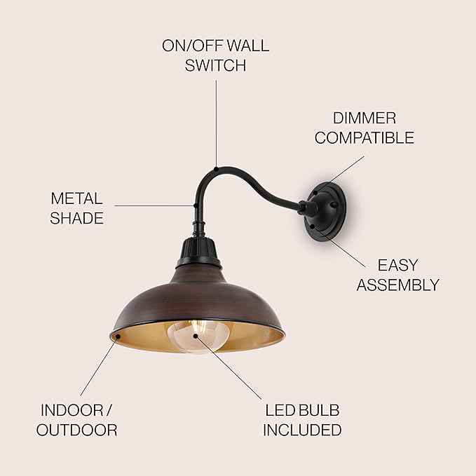 JONATHAN Y JYL7613G Aurora 12.25" 1-Light Farmhouse Industrial Indoor/Outdoor Iron LED Gooseneck Arm Outdoor Sconce Metal Bowl Shade Vintage Cottage Rustic Porch Patio Yard Barn, Wood Finish/Copper