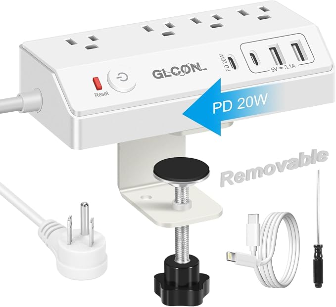 Desk Clamp Power Strip USB C 20W PD - Removable Surge Protector with 4 Outlet 4 USB Ports - Multi Outlet Plug Edge Mount Desktop Power Station Charging Hub - Home Office Desk Men Women Accessories