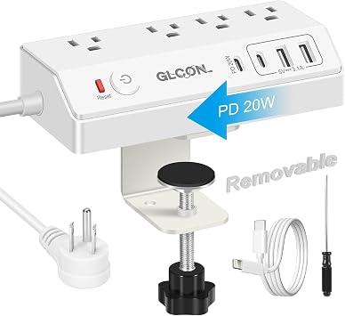 Desk Clamp Power Strip USB C 20W PD - Removable Surge Protector with 4 Outlet 4 USB Ports - Multi Outlet Plug Edge Mount Desktop Power Station Charging Hub - Home Office Desk Men Women Accessories