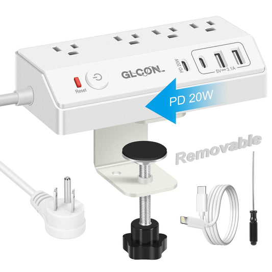 Desk Clamp Power Strip USB C 20W PD - Removable Surge Protector with 4 Outlet 4 USB Ports - Multi Outlet Plug Edge Mount Desktop Power Station Charging Hub - Home Office Desk Men Women Accessories