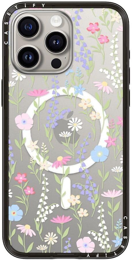 CASETiFY Compact iPhone 15 Pro Max Case [Slim and Sleek/Compatible with Magsafe / 4 ft. 2X Military Grade Drop Protection] - Pink Pastel Cute Floral - Clear Black