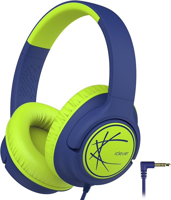 iClever Kids Headphones, Childrens Headphones for Kids 85dBA Safe Volume Limit, Stereo Sound Foldable Over Ear, 3.5mm Jack Boys Girls Headphone for School/Travel/Tablet/PC, Blue Green
