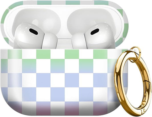 Compatible with AirPods Pro 3rd Generation 2025 Case Cover with Gold Keychain - Cute Protective Hard AirPod Pro 3 Cases for Women - Colorful Checkerboard