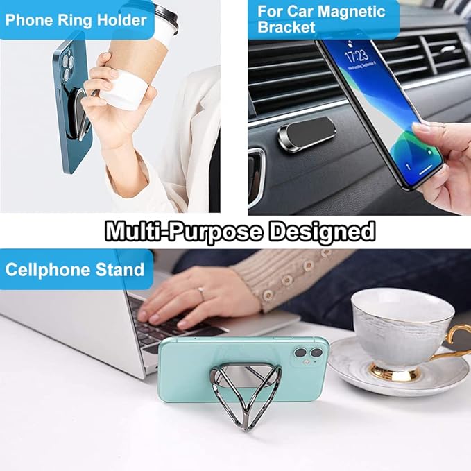 Phone Ring Holder Finger Kickstand, Foldable 360° Rotation Cellphone Grip for Desk, Office Desktop, Cell Phone Stand Compatible with iPhone iPad Smartphones Tablets (with Magnetic Car Mount)