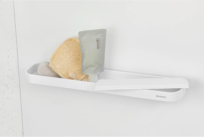 Brabantia MindSet Wall-Mounted Shower Shelf & Squeegee (Mineral Fresh White) Shower Soap, Shampoo Holder + Glass Cleaner (2.9 x 16.5 x 3.5)