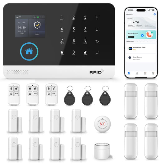 Wireless Home Security System,21Pcs DIY Kit with Motion Sensors,SOS Button,Remote,Door/Window Sensors,APP Insta Alert Compatible with Alexa,for Smart Life or Tuya APP,NO Monthly Fees