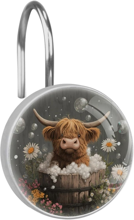 Rural Bathing Highland Cow Shower Curtain Hooks 12Pcs, Decorative Rust Resistant Shower Rings for Shower Curtain Rods, Stainless Steel Round Curtain Hooks for Bathroom, Bedroom, Farmhouse