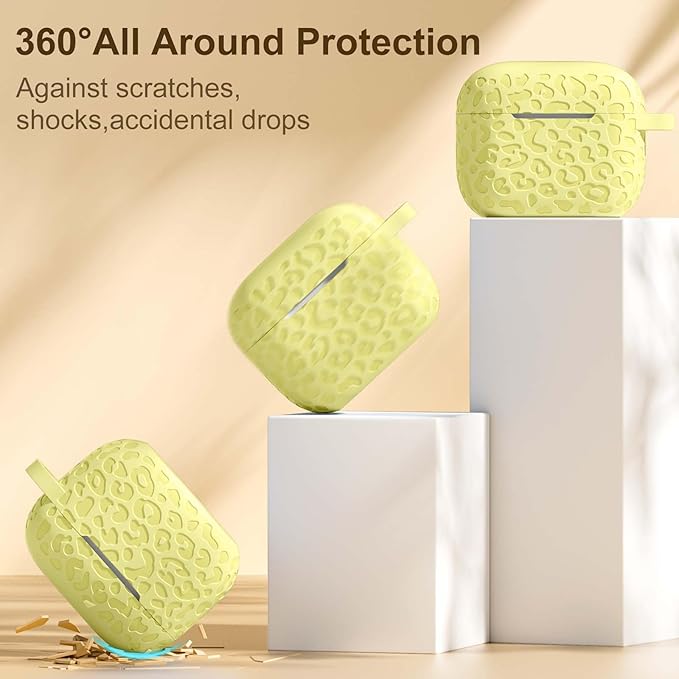Leopard Engraved for AirPods 4 Case Cover 2024,Soft Silicone Protective Case Compatible with Apple AirPods 4th Generation Case for Women,Cute AirPod 4 Case Accessories with Keychain,Yellow