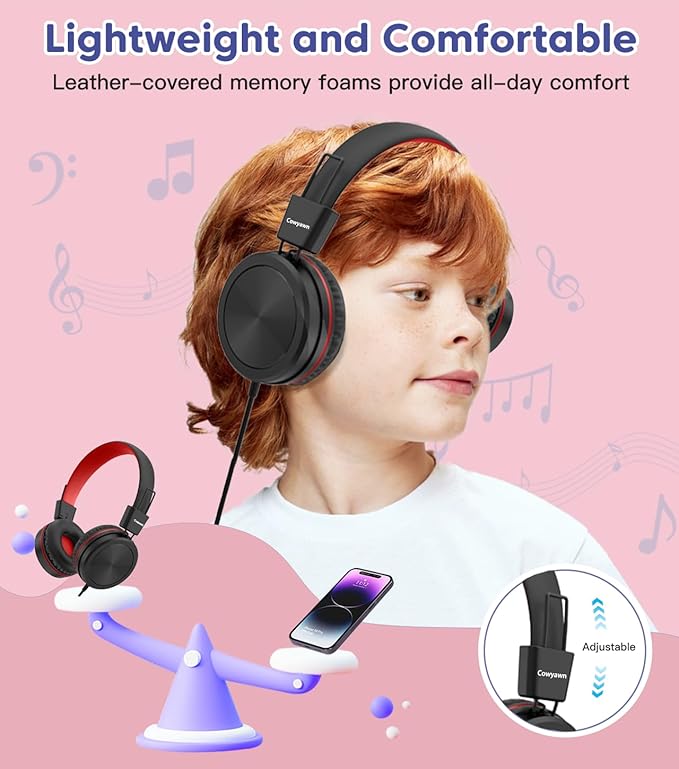 Kids Headphones, Toddler Headphone with Safe Volume Limiter 94dB, Wired School Headphones for Kid, 3.5mm Adjustable On-Ear Headphone for Boys/Girls/Children/Teens/iPad/Computer, Red Black