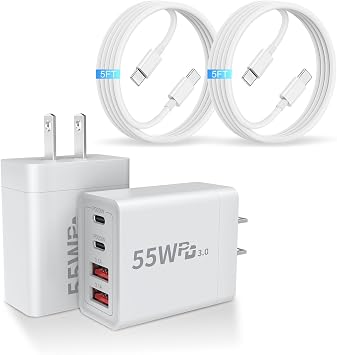 USB C Charger Block, 2 Pack 55W 4-Port Multiport Fast Wall Charger with PD (2x20W)+QC (2x3.1A) Power Adapter, Fast Charging Cable, Type C Charging Hub for iPhone 17/16/15/14/13/12/Pro/Max/XS