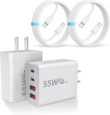 USB C Charger Block, 2 Pack 55W 4-Port Multiport Fast Wall Charger with PD (2x20W)+QC (2x3.1A) Power Adapter, Fast Charging Cable, Type C Charging Hub for iPhone 17/16/15/14/13/12/Pro/Max/XS