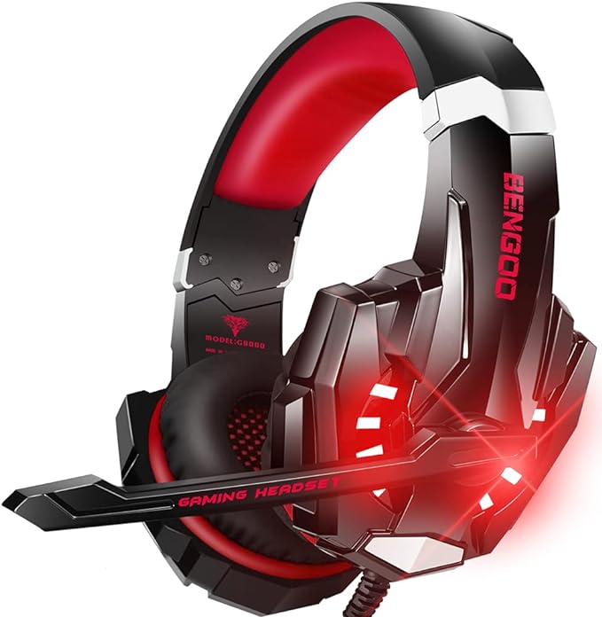 BENGOO Stereo Pro Gaming Headset for PS4, PC, Xbox One Controller, Noise Cancelling Over Ear Headphones with Mic, LED Light, Bass Surround, Soft Memory Earmuffs for Laptop Mac Wii Accessory Kits