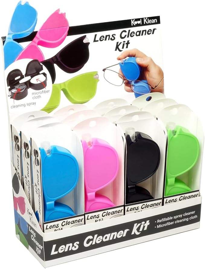 Calabria Kool Klean 12 Pack Eyeglasses Lens Cleaner Kit Pink/Blue/Green/Black 15ml Cleaning Spray, Microfiber Cleaning Cloth