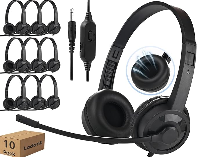 Bulk Headphones with Microphone for Classroom School (10 Pack),6ft Ultra-Long Line, Durable Headset, 3.5mm Wired Headset with Mic for Computer Laptop PC