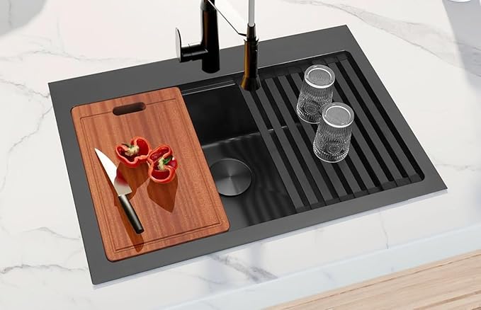 Drop In Black Kitchen Sink,Stainless Steel Sink 16 Gauge,Single Bowl Workstation Sinks (Black, 31" X 22")