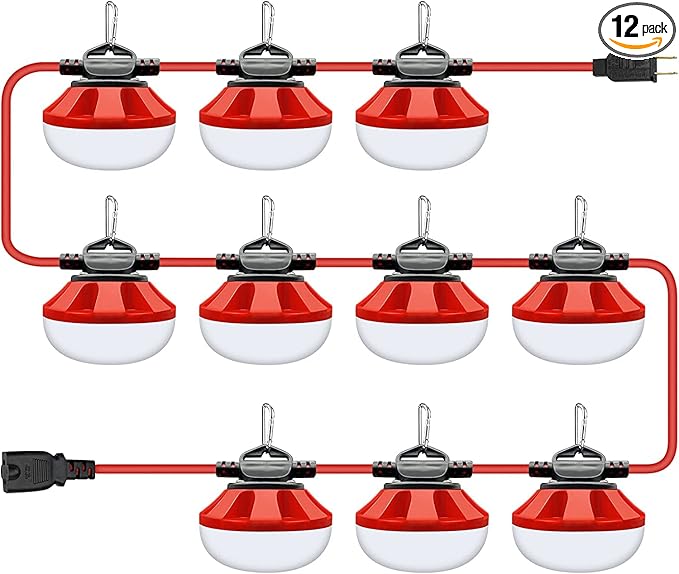 Construction Lights String Temporary Lighting,100ft Work String with 10 Integrated Jobsite LED Lights 10000LM Super Bright, Carabiner Hooks-10 Bulbs Red