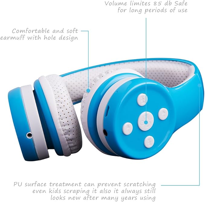 Kids Wireless Headphones, 5 Button Easy Use Bluetooth Toddler Headphones 93db Volume Limited Foldable with Built-in Mic for Cell Phones TV Tablet School Network Boys Girls (Light Blue)