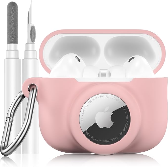 2 in 1 Silicone Case Compatible with AirPods Pro 3 and AirTag 2/1, Shockproof Protective Case Cover for AirPods Pro 3rd Generation 2025 with Cleaner Kit & Carabiner (Pink)