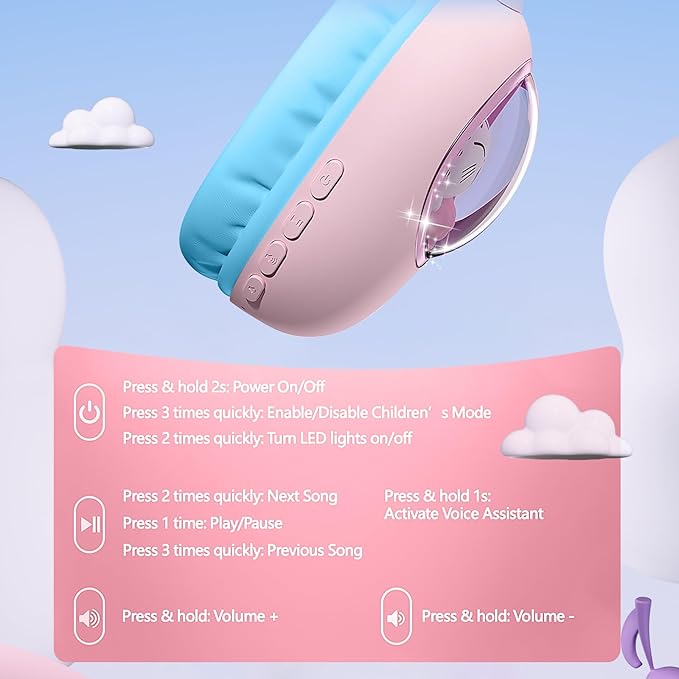 esonstyle Kids Headphones Cat Ear - Bluetooth 5.4 Over-Ear Noise Cancelling Headphones with Microphone LED Lights Up 85dB Safe Volume Limit Wireless or 3.5mm Wired USB C(Pink Blue)