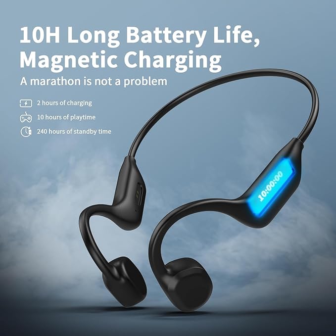 Bone Conduction Headphones, Wireless Bluetooth 5.3 Open-Ear Headphones with Mic, 10H Playtime Workout Headphones, Waterproof Sport Earphones Headset for Running, Gym, Hiking, Cycling (Black)