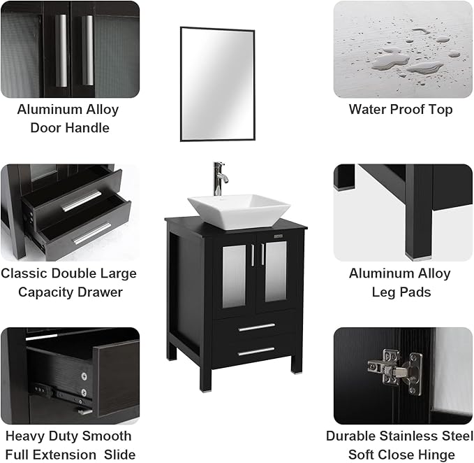 eclife 24" Modern Bathroom Vanity Sink Combo Freestanding Cabinet with Soft Closing Door, White Square Ceramic Vessel Sink, Water Save Faucet, Drain (Black+A07)