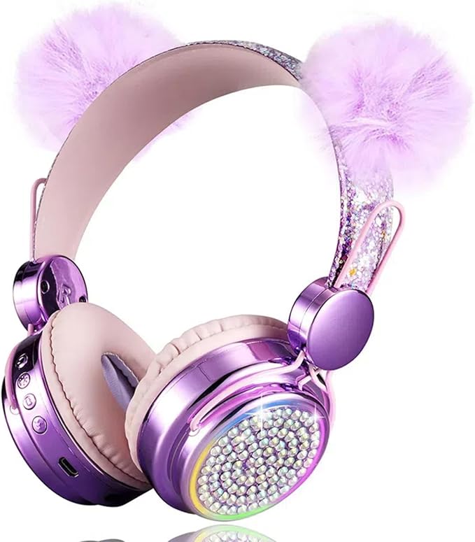 Kids Headphones Wireless Bluetooth 5.3 Colorful LED Lights Over-Ear 85dB Volume Limited Girls Headphones for Children/Teens/Gift/School/Tablet/Travel (Purple)