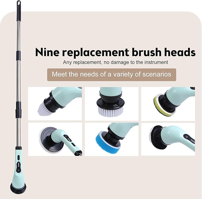 Cordless Electric Spin Scrubber, 9 Replacement Cleaning Heads IPX6 Dual Cleaning Brush with Extension Arm for Bathroom Bathtub Grout Tile Floor (9