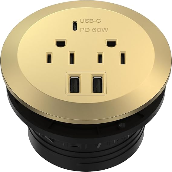 TOPGREENER GaN Desk Grommet with 65W PD for MacBook, Desktop Power Grommet with 1 Fast Charging USB-C Port, 2 USB-A Ports and Duplex Receptacles, TTRP48APD60-GD, Gold