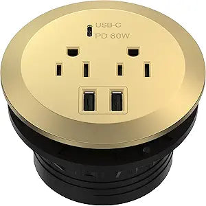 TOPGREENER GaN Desk Grommet with 65W PD for MacBook, Desktop Power Grommet with 1 Fast Charging USB-C Port, 2 USB-A Ports and Duplex Receptacles, TTRP48APD60-GD, Gold