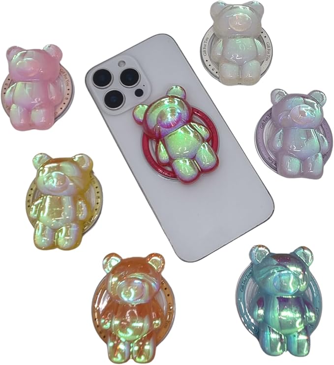 Cute Kawaii 3D Bear Phone Grip Stand, Iridescent Holographic Resin Cell Phone Holder & Kickstand, Compatible with iPhone, Samsung Galaxy, Android (Opal Pink)
