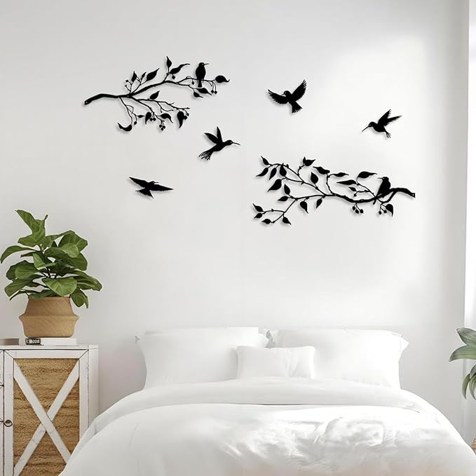 Harikikochuu 4PCS Metal Birds Wall Decor, Birds on the Branch Metal Silhouette Art, Black Leaves with Bird Outdoor Hanging Wall Sculpture for Home Office Balcony Garden Decor.（Hummingbirds）