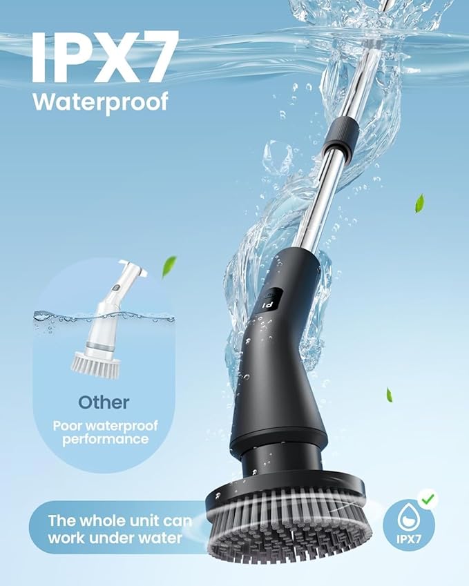 Electric Spin Scrubber with 7 Brush Heads & Extendable Handle for Bathroom and Kitchen Cleaning