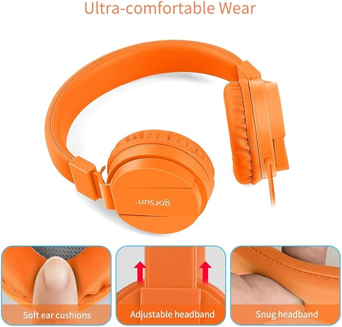 gorsun Kids Headphones, Lightweight Stereo Wired Toddler Headphones，Adjustable Headband Children's Headset for Smartphones Computer Pad Earphones(Orange)