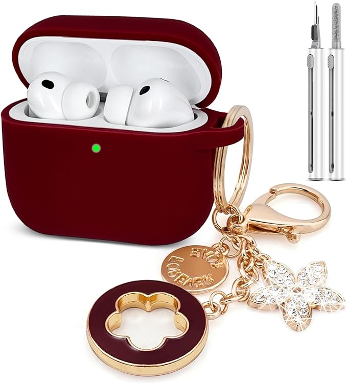 Compatible with AirPods Pro 3 Case Cover 2025 with Bling Keychain Cleaner Kit Silicone Case for AirPods Pro 3rd Generation Wireless Earbuds (Burgundy)