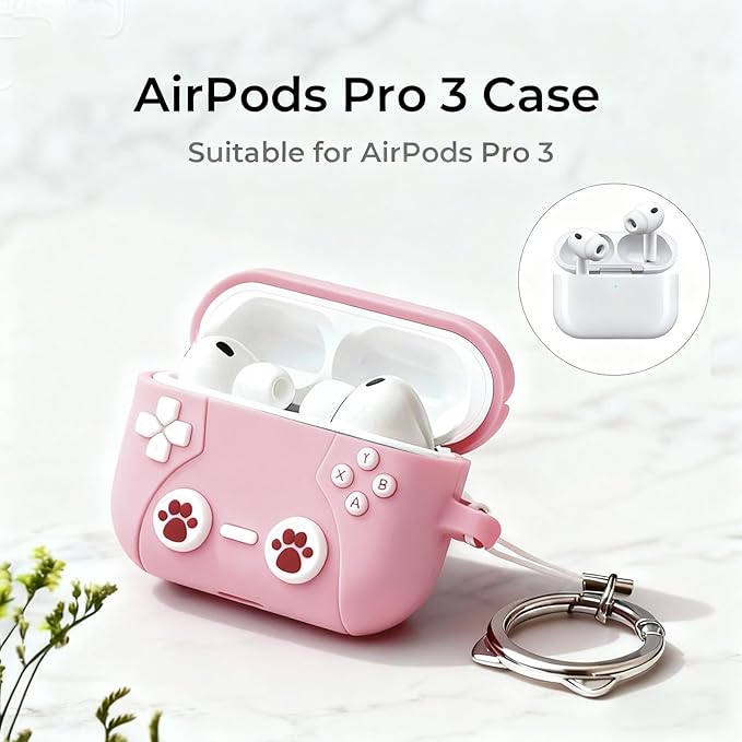 for Airpods Pro 3 Case 2025,Cute 3D Game Console Design for Air pod Pro 3 Cover with Keychain Shockproof Protective Soft Silicone Case for Airpods Pro 3 Gen for Women Girls (Pink Cat)