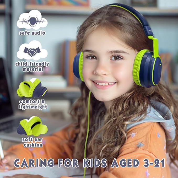 Headphone Kids Volume Limited 85/94dB Wired Over-Ear/On-Earr Foldable Headset with Inline Cable Aux 3.5mm Cord Mic for Toddler Child Back to School Pad Tablet Mexico Deepblue