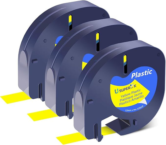 3 Pack Compatible for DYMO LetraTag Label Maker Refills 91332 91202 S0721620 Black on Yellow Plastic Tape 12mm x 4m 1/2'' x 13' for Dymo Label Maker Refill LetraTag 200B LT-100H LT-100T Plus