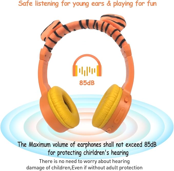 Kids Bluetooth Headphones, Wireless Headphone for Kids, 85dB Volume Limited, Built-in Mic, 3.5mm Aux Cord, Boys Girls Tiger Headset for School/Travel/Airplane