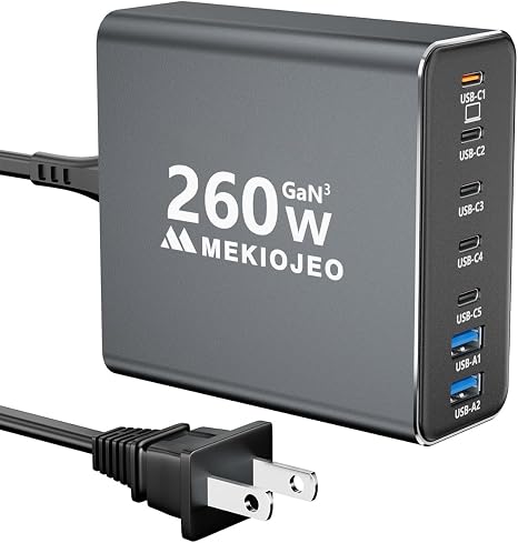 MEKIOJEO Aluminum Alloy 260W USB C Charger GaN Fast USB C Charging Station